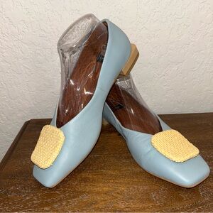 Women’s Light Blue Leather Flats with Woven Beige Accent